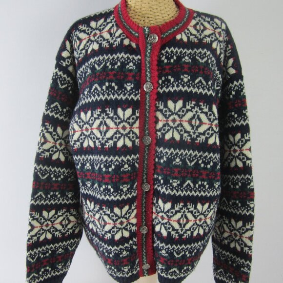 Vtg Alps Womens L Red Green Navy White Wool Nordic Cardigan Sweater Holiday Ski - Picture 1 of 14